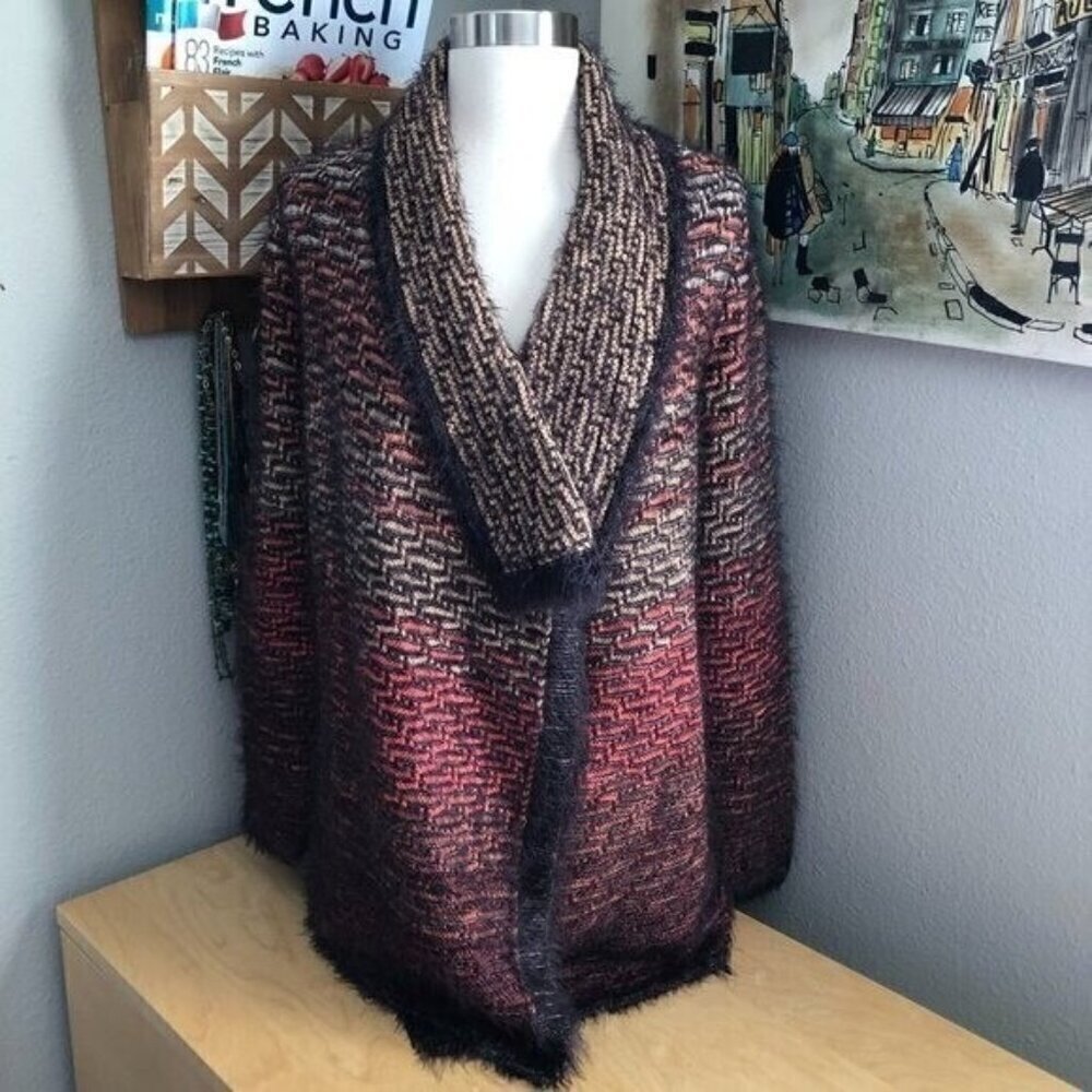 Nic + Zoe Cardigan Sweater Petite size M Black & Tan Chunky Knit Southwestern